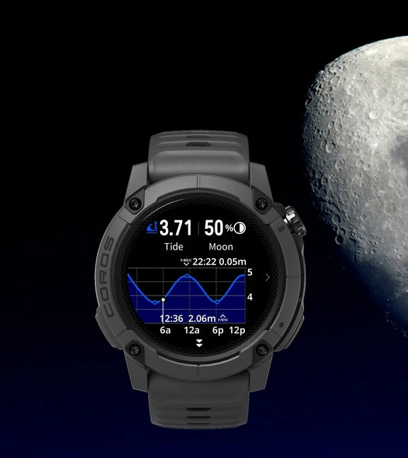 Coros Nomad watch display showing moon phase and tide data